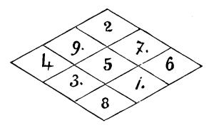 Magic square, diamond shape, 3 x 3, with 1, 3, 7 and 9 inserted in blank areas