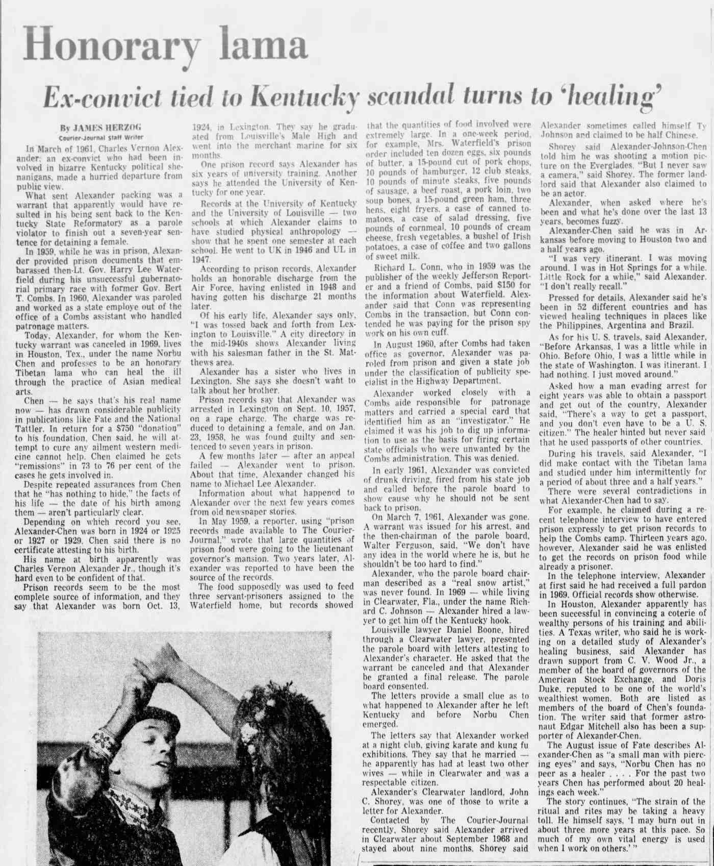 Courier-Journal October 28, 1974. Honorary Lama: Ex-con tied to Kentucky scandal turns to healing