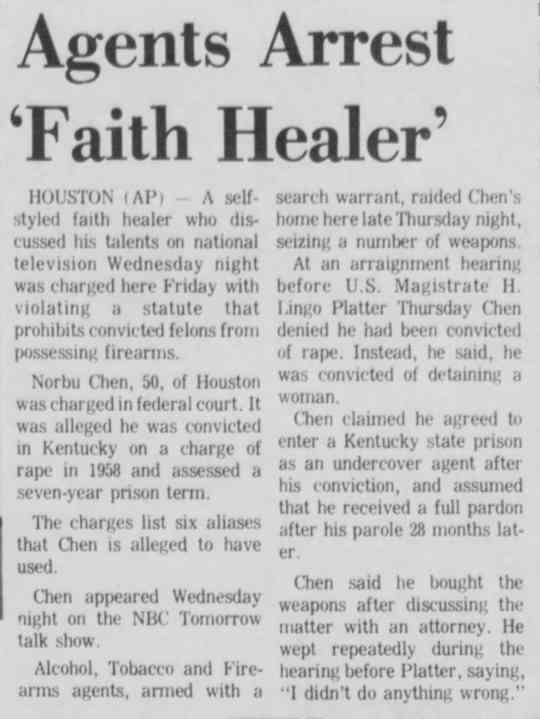 Norbu Chen, faith healer jailed, weapons charge, Harris Co.