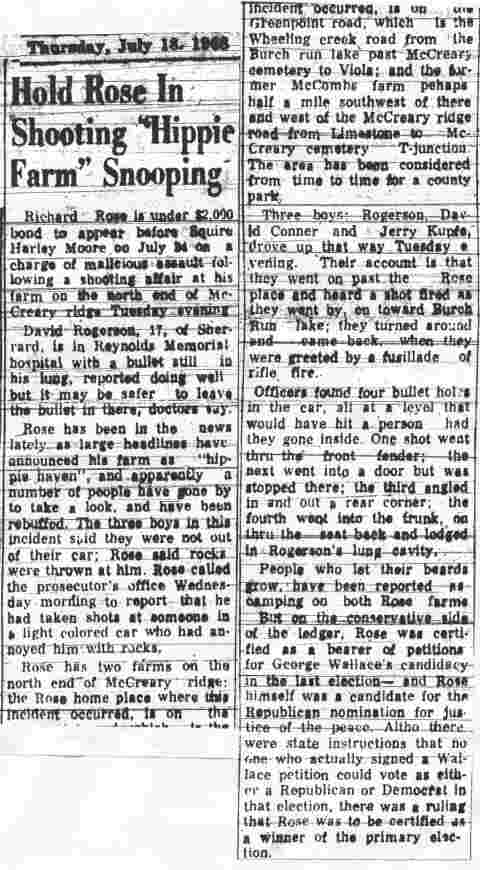 Hold Rose In Shooting "Hippie Farm" Snooping - Moundsville Echo - July 18, 1968