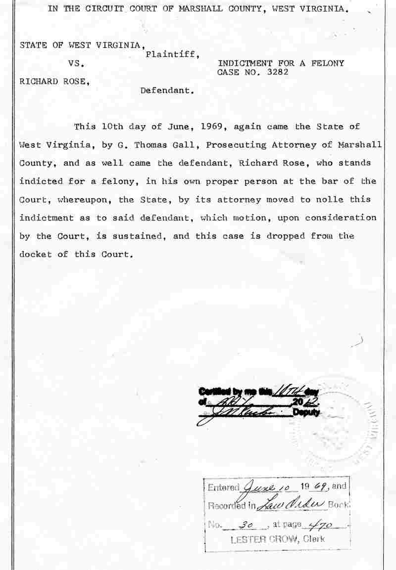 Nolle of Indictment, Richard Rose defendant, June 10, 1969