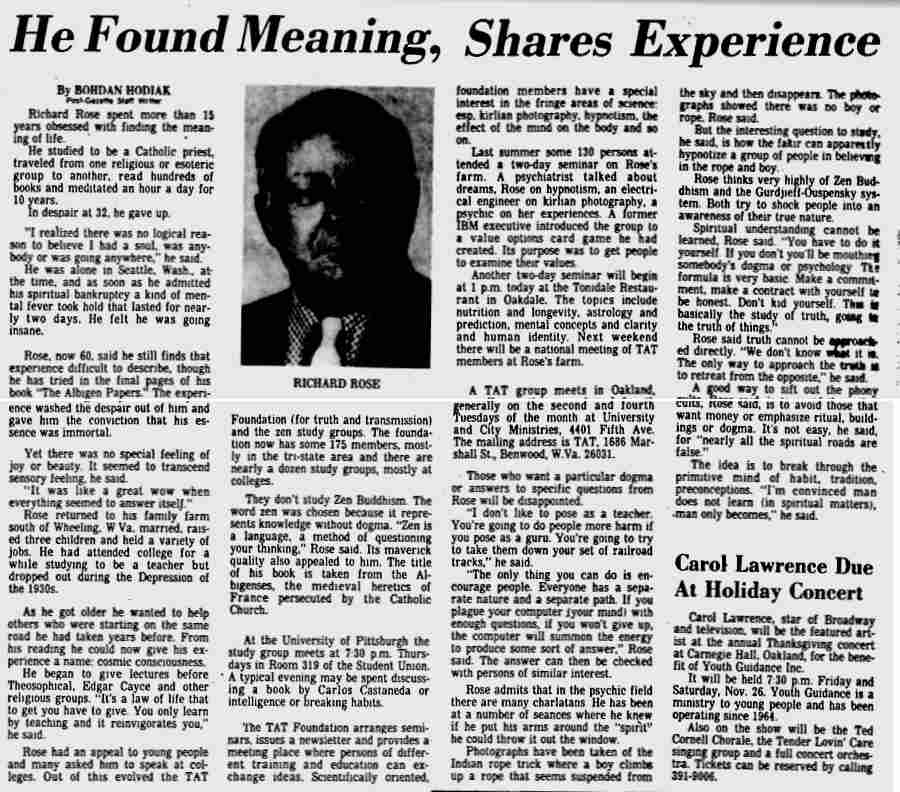 Richard Rose - He Found Meaning, Shares Experiece - Nov., 21, 1977